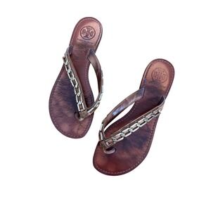 Tory Burch Clea leather brown Thong sandals with gold chain link